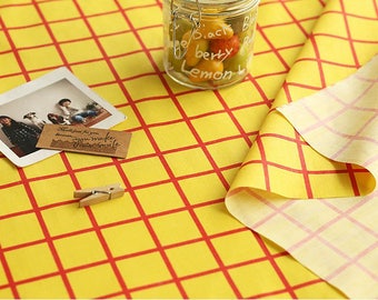 Yellow Red Checkered Cotton Blend Fabric - By the Yard 845-