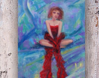 woman painting blue home decor abstract art female red wedding gift oil painting on canvas original art gift й1