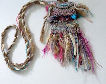 Pouch: Hand-Knit Beaded Boho Fantasy Fiber Fairy Treasure Amulet Bag OOAK