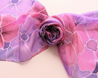 Hand painted silk scarf. Handpainted silk scarf. Pink and purple silk scarf with flowers. 17 x 71", 45 x 180 cm.