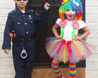 Girl Clown Costume - Halloween Tutu - Hat, Tutu, Suspenders and Leg Warmers