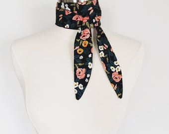 Black Floral Rifle Paper Co Floral Rayon Skinny Scarf - Handmade - For Her, Spring Fashion, Mother's Day, Summer
