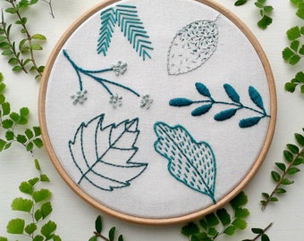 Beginner embroidery kit.Spring leaf stitch sampler. Modern needlework.Embroidery hoop art.Hand Embroidery tutorial.DIY kit.Botanical pattern