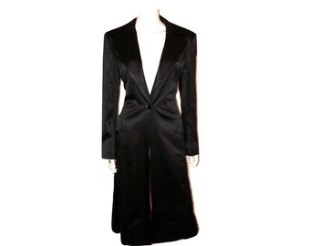 Vintage Dana Buchman Black Silk Trench Coat, Black Silk Dress Coat