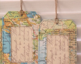 Map Luggage Tag, Travel Gift, Vintage Luggage Tag, Travel Wedding Favor, Travel theme party, bon voyage party - Handmade