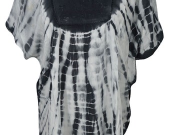 Black Tie Dye Cover Up Top Kimono Style Gypsy Boho Chic Summer Fashion Rayon Loose Comfy Blouse Kaftan Top