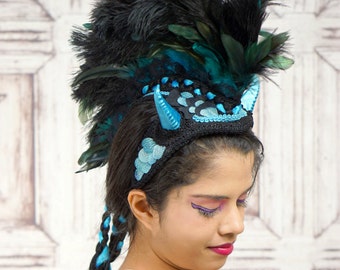 Dragon Headdress, Horned Mohawk Headpiece, Blue and Black Dragon Headpiece, Costume Headdress, Faux Mohawk, Tribal, Fantasy