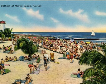 Miami Beach Florida Sun Bathing Vintage Postcard (unused)