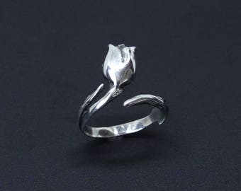 Tulip Ring In Sterling Silver, Silver Tulip Ring, Flower Ring, Adjustable Ring, Tulip Wedding Ring, 925 Sterling Silver Ring, Floral Ring
