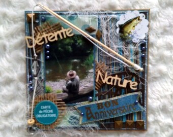 Carte anniversaire homme, fait-main, 3D, shabby, vintage, thème pêcheur, format chevalet