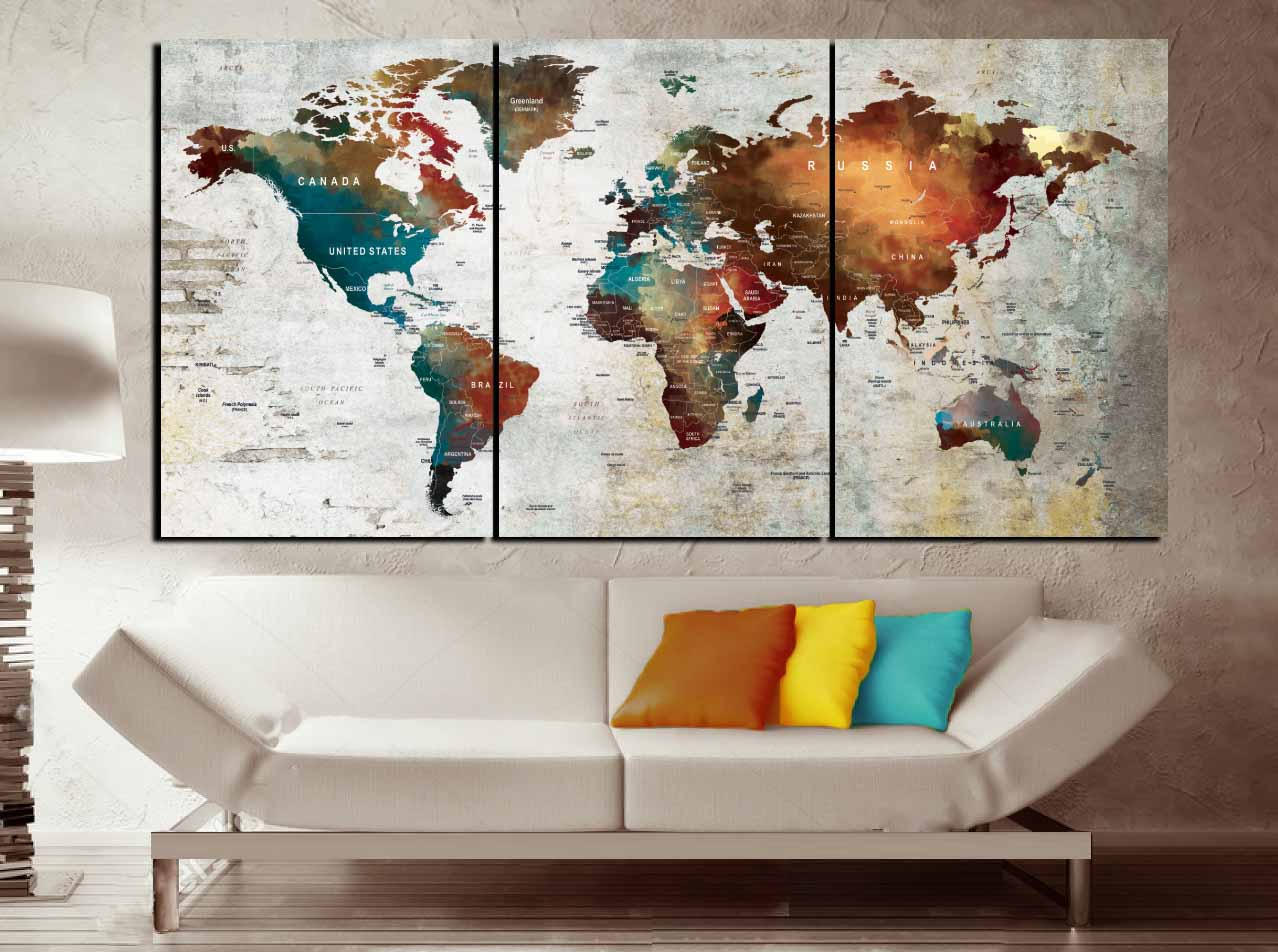 Push Pin Map Canvas Wall Art,3 Piece Canvas World Map,World Map Wall