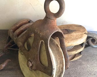 Antique Wood Block Pulley, Barn Pulley, Industrial Salvage Iron & Wood Primitive Pulley, Rope Pulleys