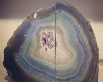 Rainbow Agate Bookends - swirls of neutrals, indigo, blues, purples and greens.