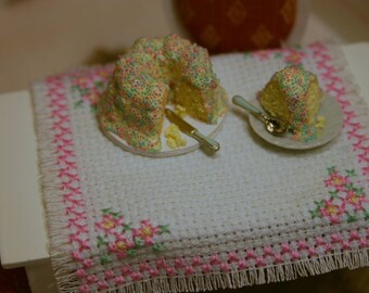 Dollhouse Miniature CAKE in a plate with " white cream " on top and "colored sugar pearls"