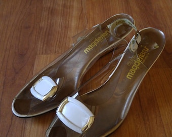 60s Slingback clear vinyl peep toe gold wedges by Magdesians of California