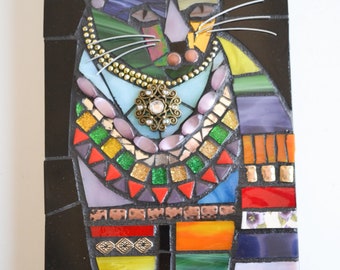 Cat with Triangles - Indoor Mixed Media Mosaic Wall Hanging