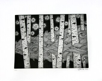 Birch forest photo etching, star clouds intaglio eye forest