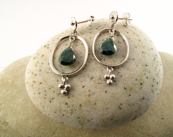 Dark Green Tourmaline Post Earrings set in Nickel Free Sterling Silver, Light Earrings, Everyday earrings