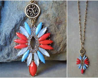 Colorful Pendant.Long Necklace.Orange.Blue.White.Jeweled.Layering.Glass.Gold.Chain.Beaded.Statement.Metal.Bridal.Boho.Vintage.Gift.Handmade.