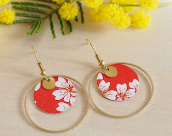 Japanese round earrings with red and white cherry blossoms
