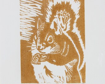Limited edition hand printed linocut of a Squirrel