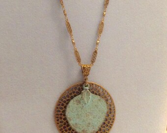 Mykonos Greek Patina and Antique Brass Leaf Necklace