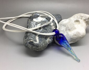 Leather necklace, white leather strap, necklace, glass pendant, drop