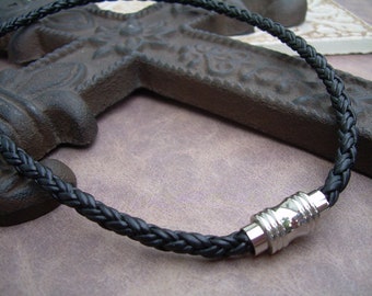 necklace braided leather stainless thick steel mens clasp magnetic
