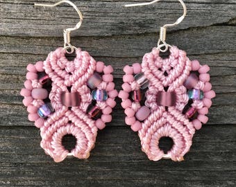 Micro-Macrame Earrings. Beaded Earrings. Macrame Earrings. Pink Knotted Earrings. Boho Fashion. Statement Jewelry. Boutique Fashion.