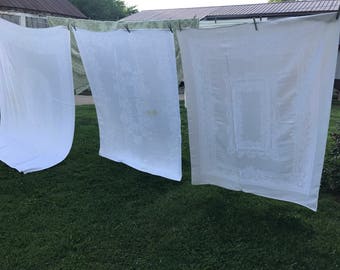 Trio of Vintage White and Off White Floral Damask Tablecloths