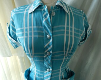 Vintage Dress - Vintage Dress 1950 - Blue Plaid Day Dress - Betty Barclay Designer Dress - Plaid Cotton Dress with Pockets