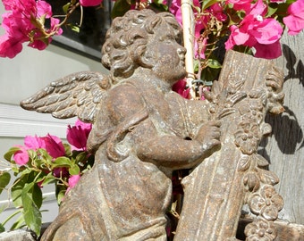 French Antique Angel Statue, Architectural Salvage, Garden Decor, Cast Iron Cherub, Home Decor, 1800's Victorien Garden, Jeanne D'Arc