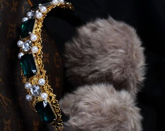 KELLY Emerald Green Custom Fur Ear Muffs, Ear warmer, jeweled earmuffs, rhinestone earmuffs, embellished earmuffs, fluffy earmuffs, custom
