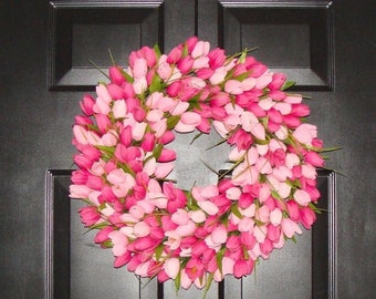 SPRING WREATH SALE Spring Wreath- Pink Mini Tulip Spring Wreath- Front Door Wreath for Spring
