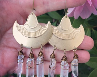Brass jewelry. Tribal jewelry. Chandelier earrings. Quartz crystals. Boho jewelry. Gypsy earrings. Festival fashion. Wire wrapped jewelry.