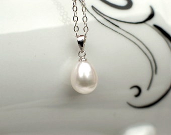 White Pearl Pendant Necklace | Teardrop Freshwater Pearl | Sterling Silver Chain Necklace | Bridal | Birthday Gift | Everyday| Ready to Ship