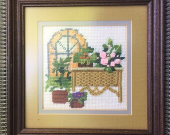 SALE Needlepoint Picture Greenhouse Scene Still Life Mid Century Handmade 8 1/2x 8 1/2