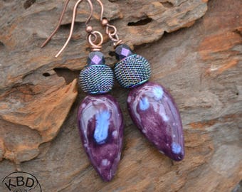 Purple Ceramic mesh and czech glass earrings