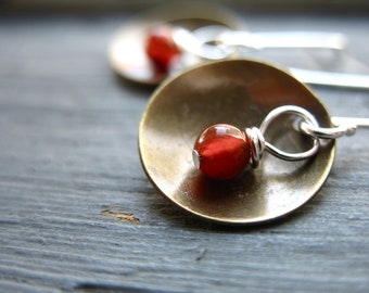 Carnelian Earrings, Orange Carnelian Gemstone Metalwork Antiqued Brass Dome Dangle Drop Earrings
