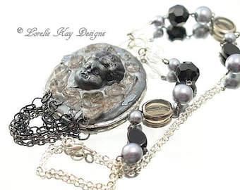 Gothic Frozen Charlotte Doll Necklace Sculpted Crystals Black And Silver Statement Necklace One-of-a-Kind Assemblage Pendant