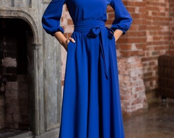Long woman dress floor Royal blue Autumn Winter Spring with belt 3/4 sleeves Evening with pockets Elegant maxi blue dress Wedding Maxi dress