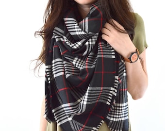 READY TO SHIP Large Plaid Blanket Scarf, Tartan Scarf, Fringed Scarf, Zara Inspired Fashion Scarf