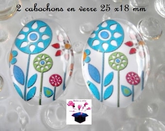 2 cabochons glass 25mm x 18mm theme little birds in the Meadow