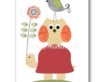 Turtle Nursery Owl Childrens Art Kids Wall Art Baby Girl Room Decor Baby Girl Nursery Decor Kids Art Baby Nursery Print Red Green