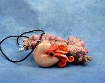 Coral Nautilus Necklace, Handmade Polymer Clay Jewelry