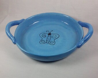 Serving Dish, Round Blue with Recessed Black Butterfly, Attached Handles, Porcelain Ceramic, Butterfly Lovers, Something Blue