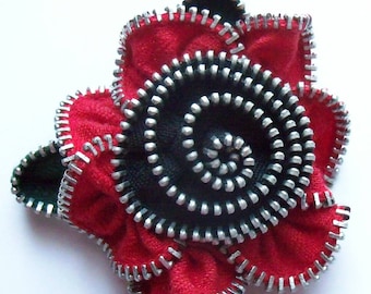 Red and Black Floral Brooch / Zipper Pin by ZipPinning 3169