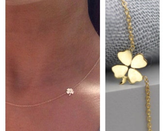 14k solid gold four leaf clover necklace shamrock necklace lucky charm necklace