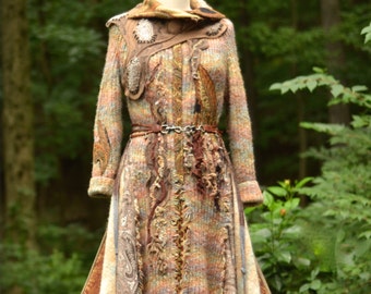 Brown textured Sweater COAT/ Boho Fantasy clothing with beaded appliqués, fantasy long OOAK Coat Size Medium/ Large. Ready to ship