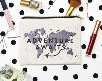 World Map Make Up Bag, Adventure Awaits, Travel Quote, Wanderlust, Cosmetic Bag, Leaving Gift, Travel Gift, Make Up Bag, World Map, Pouch